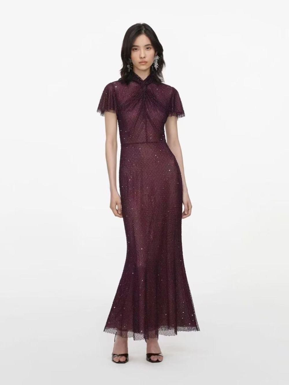 Self-Portrait Plum Mesh Maxi Dress with Sparkle